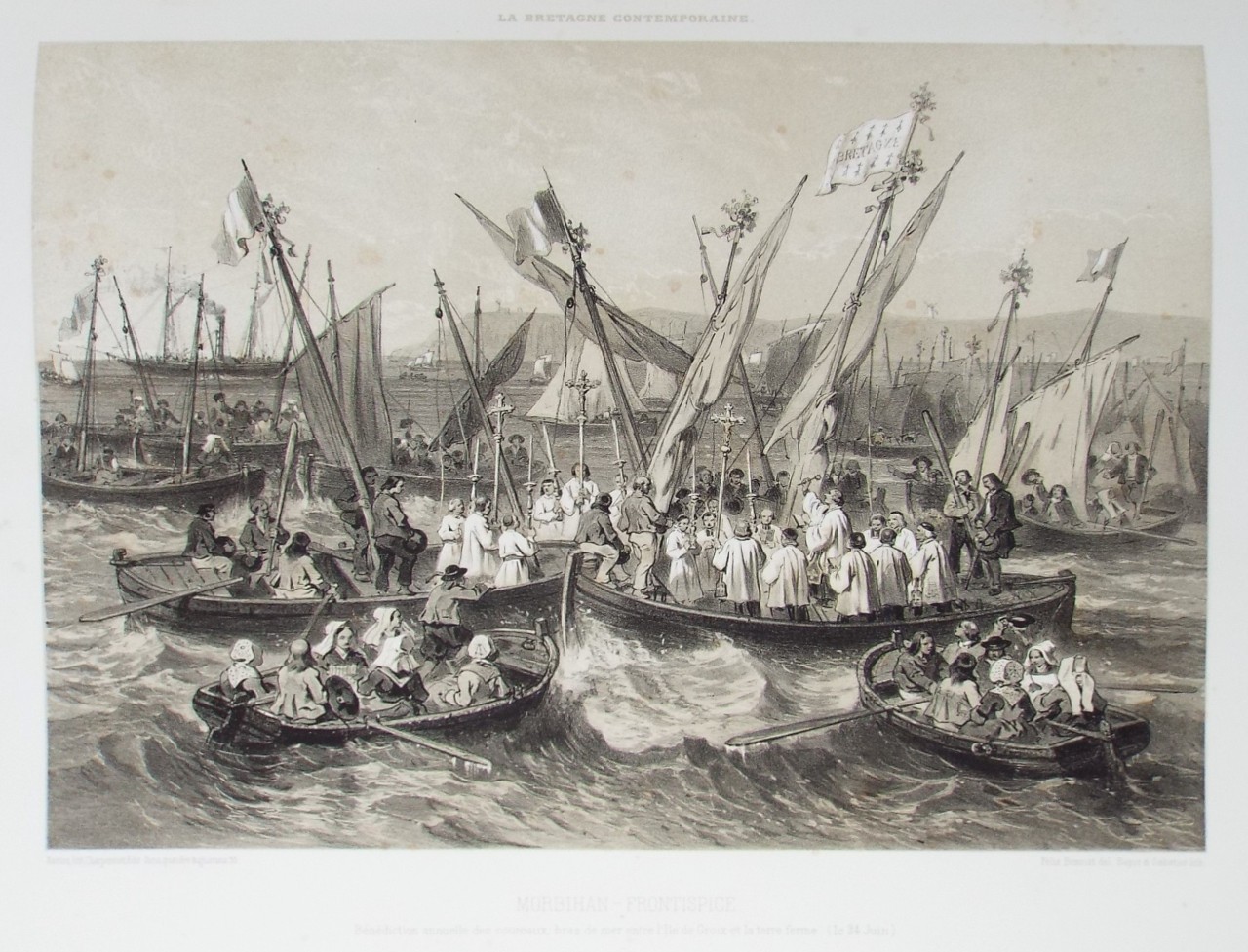 Lithograph - Morbihan - Frontispiece. Benediction annuelle des coureaux de mer entre l'Ile de Croix et la terre ferme. (le 24 Juin) - Bayot