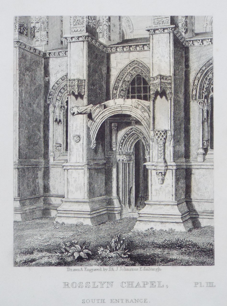 Lithograph - Rosslyn Chapel, South Entrance. - Johnstone