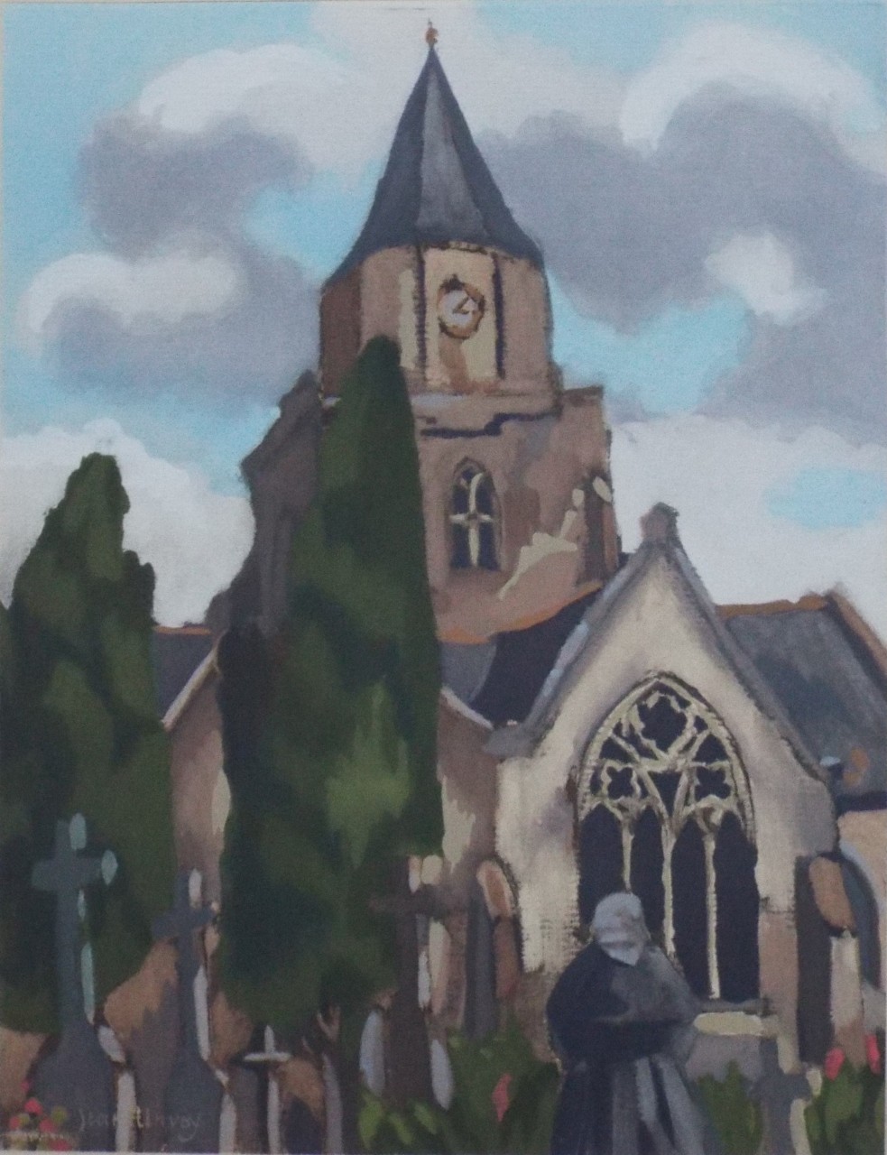 Pochoir Gouache - L'Eglise de Saint-Suliac