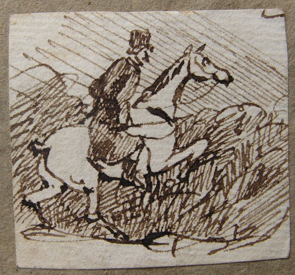 Pen & Ink - (Huntsman & Horse jumping a hedge)