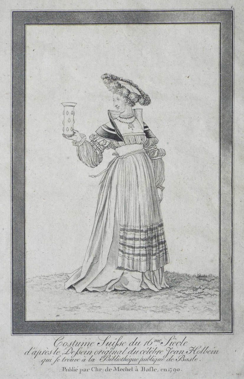 Aquatint - Costume Suisse du 16me Siece. d'apres le Dessein original du celebre Jean Holbein qui se trouve a la Bibliotheque publique de Basle.