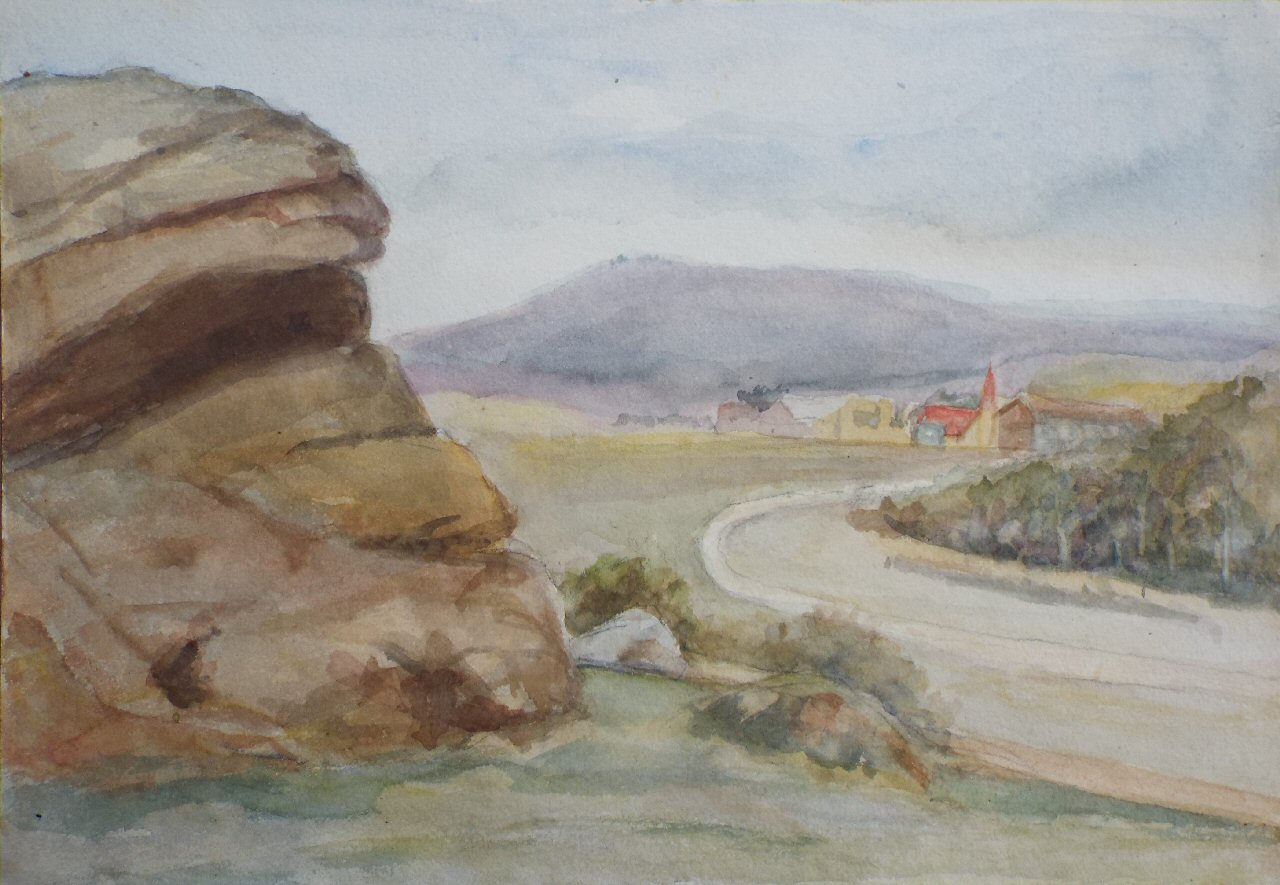 Watercolour - (Landscape with rock and distant village)