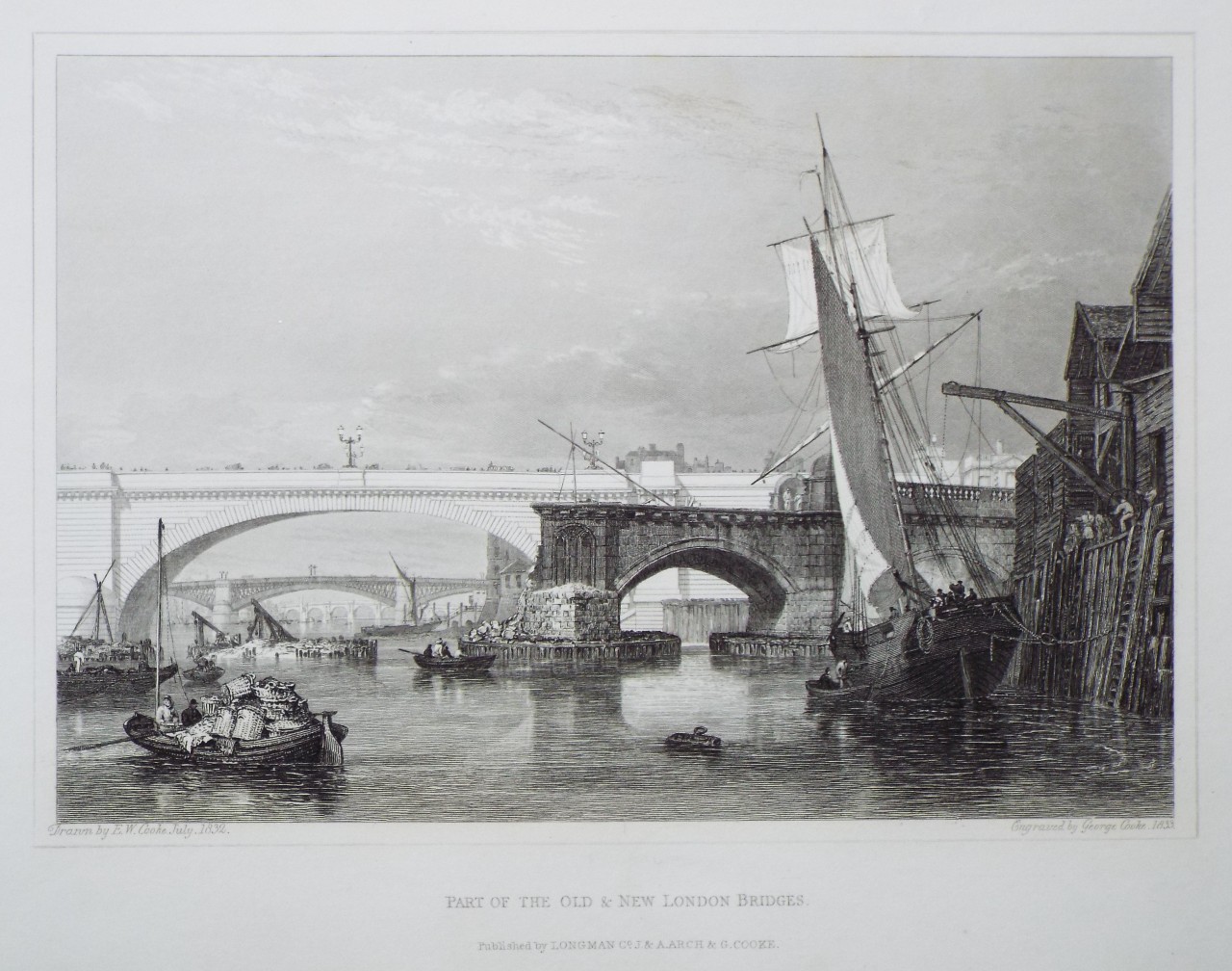 Print - Part of the Old & New London Bridges. - Cooke