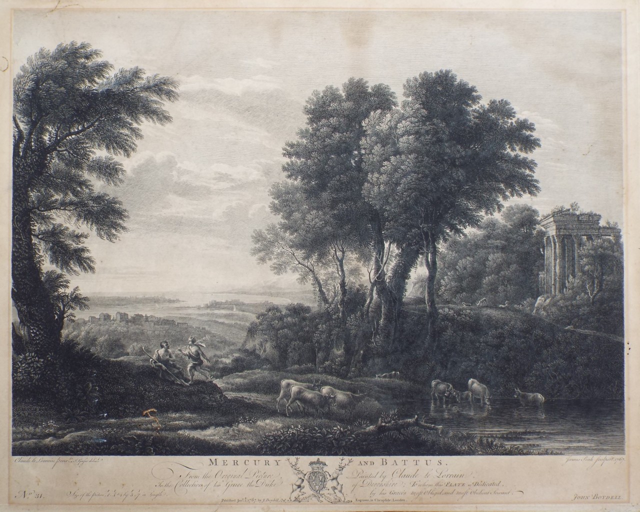 Print - Mercury and Battus From the Original Picture Painted by Claude le Lorrain, In the Collection of his Grace the Duke of Devonshire; To whom this Plate is Dedicated by his Grace's most Obliged and most Obedient Servant, John Boydell. - Peak