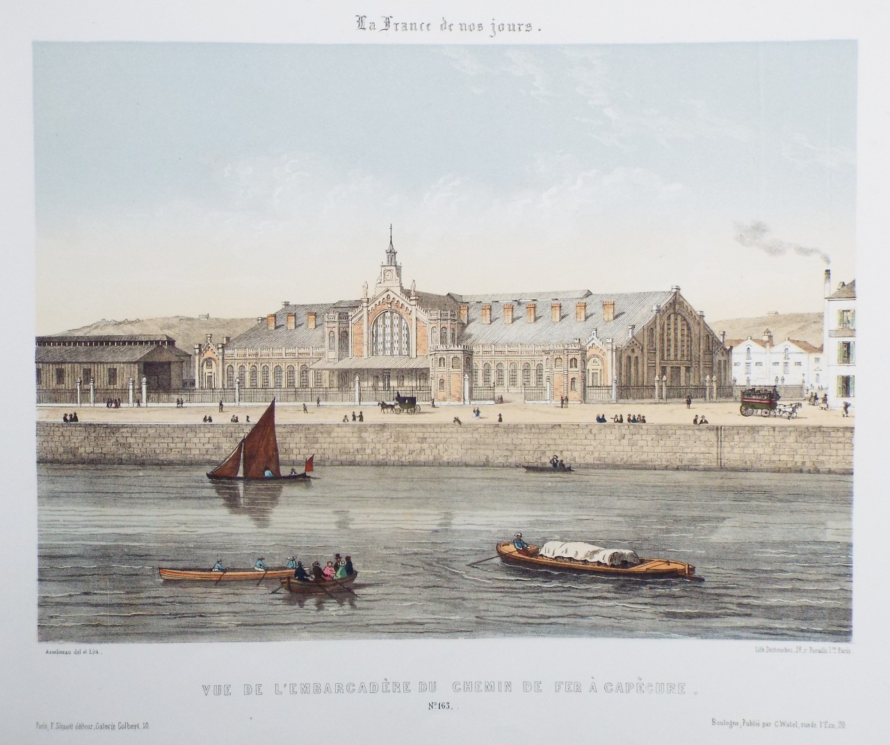Lithograph - Vue de l Embarcadère du Chemin de Fer À Capècure. - 