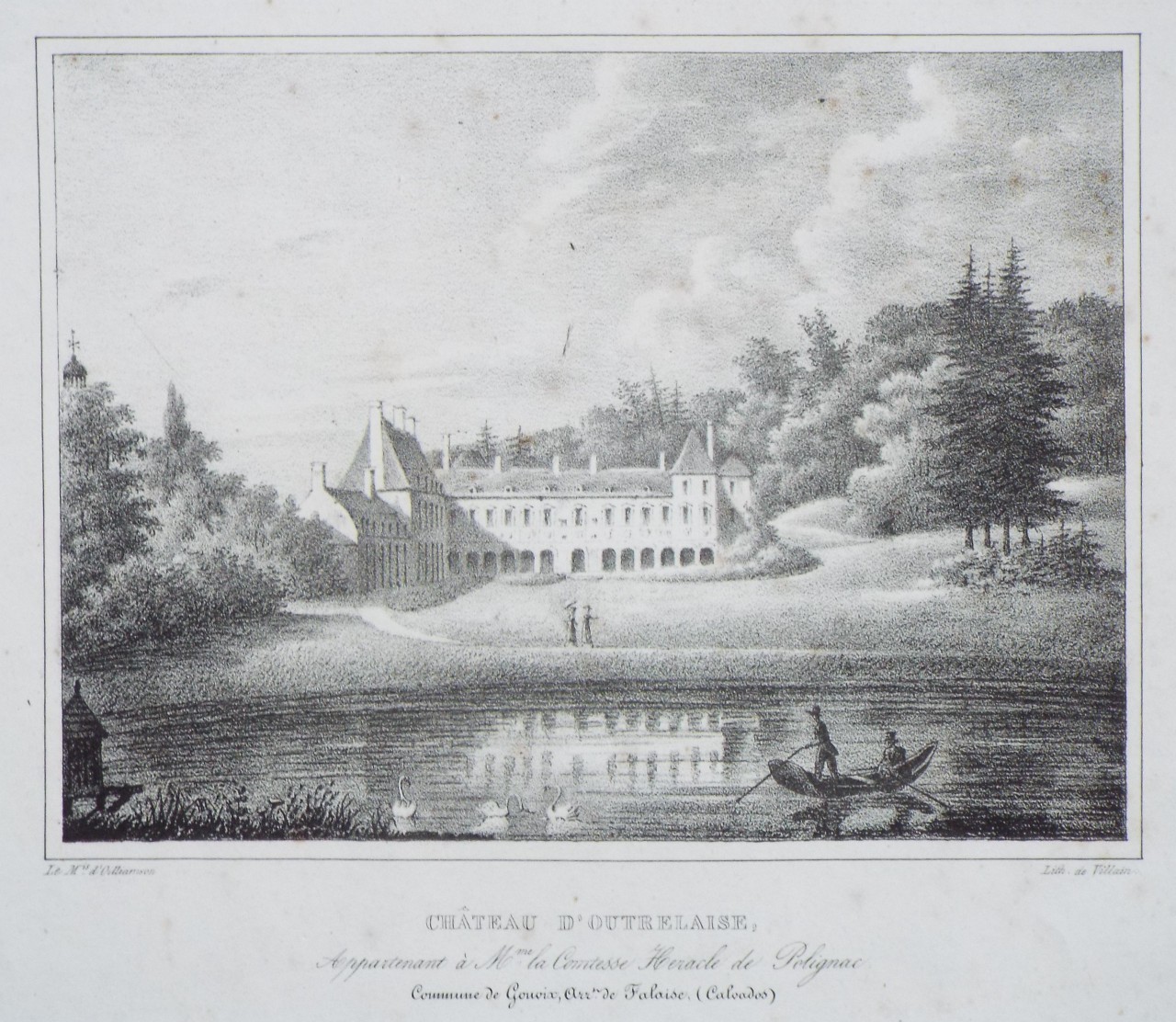 Lithograph - Chateau d'Outrelaise, Appartenant a Mme la Comtess Heracle de Polignac. Commune de Gouvix, Arr. de Falaise, (Calvados) - 