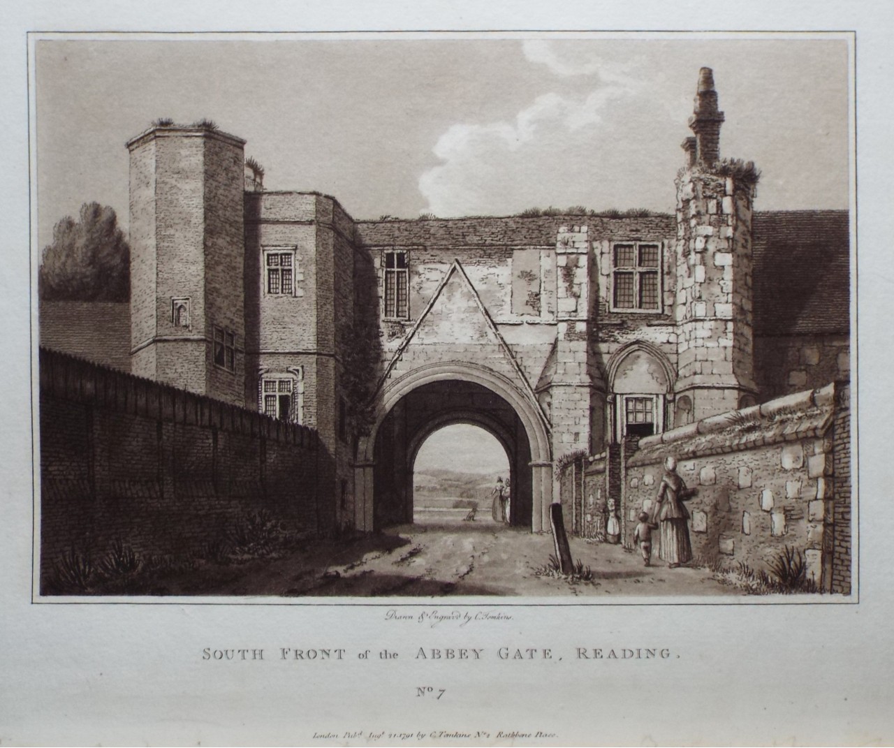 Aquatint - South Front of the Abbey Gate, Reading. - Tomkins