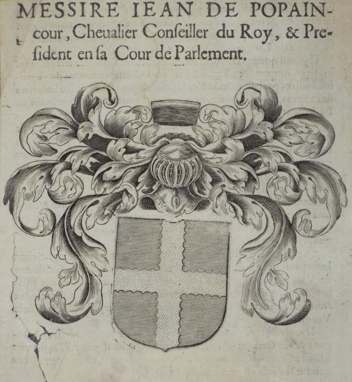 Print - Messire Jean de Popain-cour, Chevalier Conseiller du Roy, & President en sa cour de Parlement.