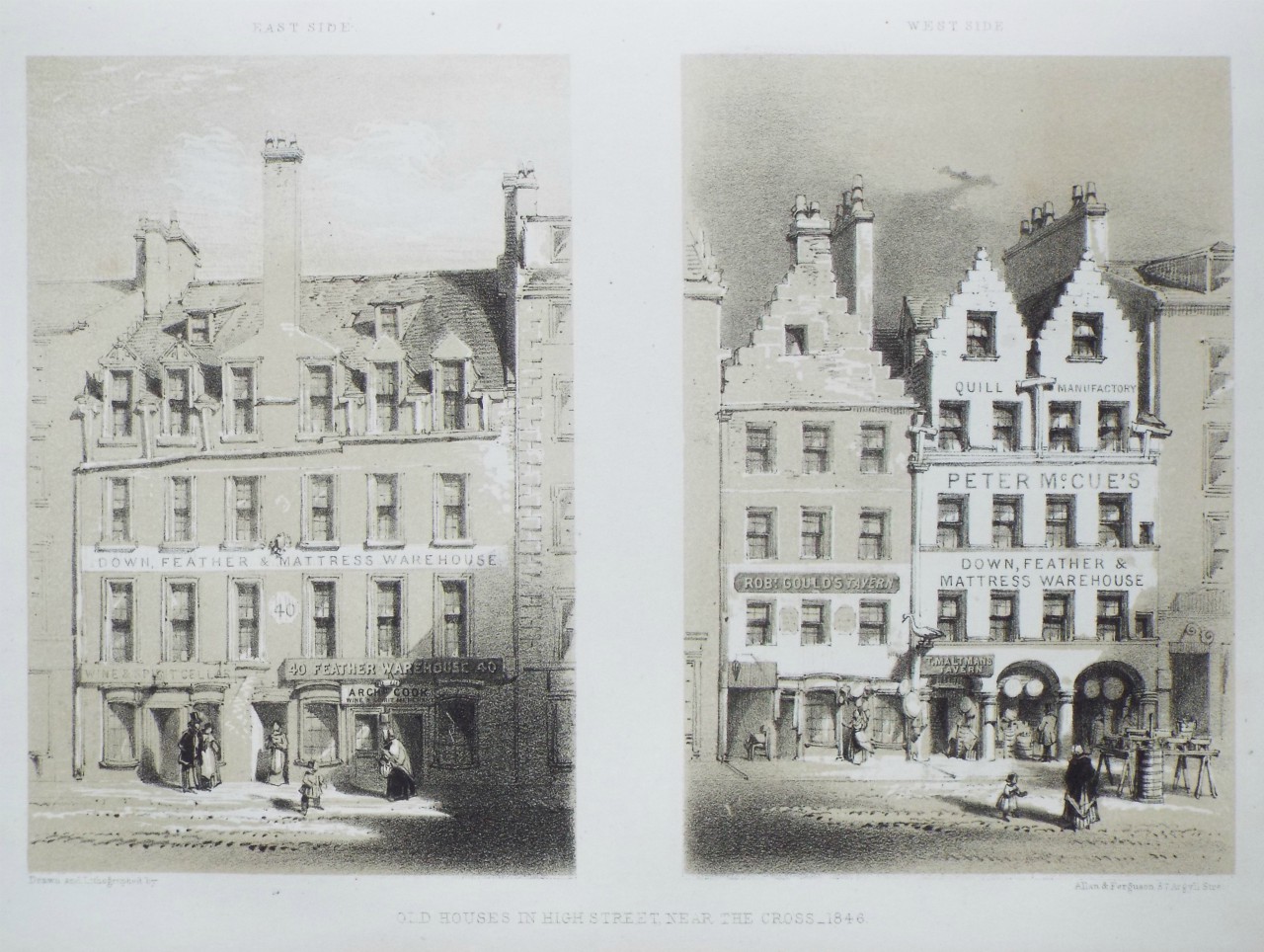 Lithograph - Old Houses in the High Street Near the Cross 1846. East Side. West Side. - Allan