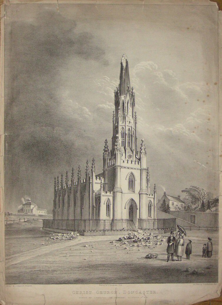 Lithograph - Christ Church Doncaster Struck by Lightning on Thursday November 3rd 1836 - Abraham