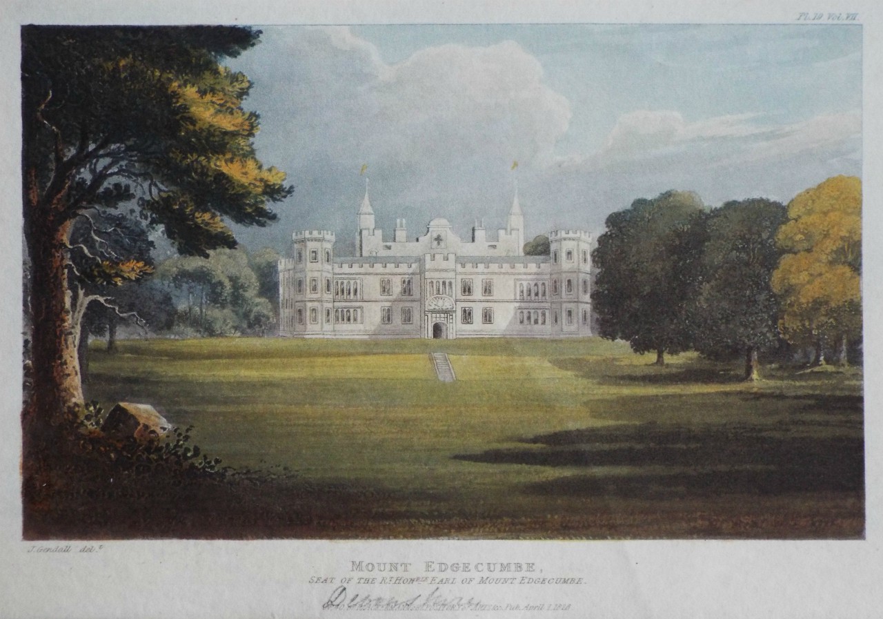 Aquatint - Mount Edgecumbe, Seat of the Rt. Honble Earl of Mount Edgecumbe.