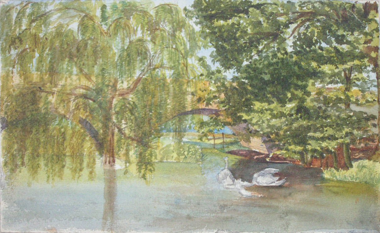 Watercolour - Canal with bridge and swans