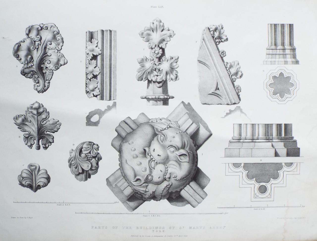 Lithograph - Parts of the Buildings of St. Mary's Abbey, York. - Nash