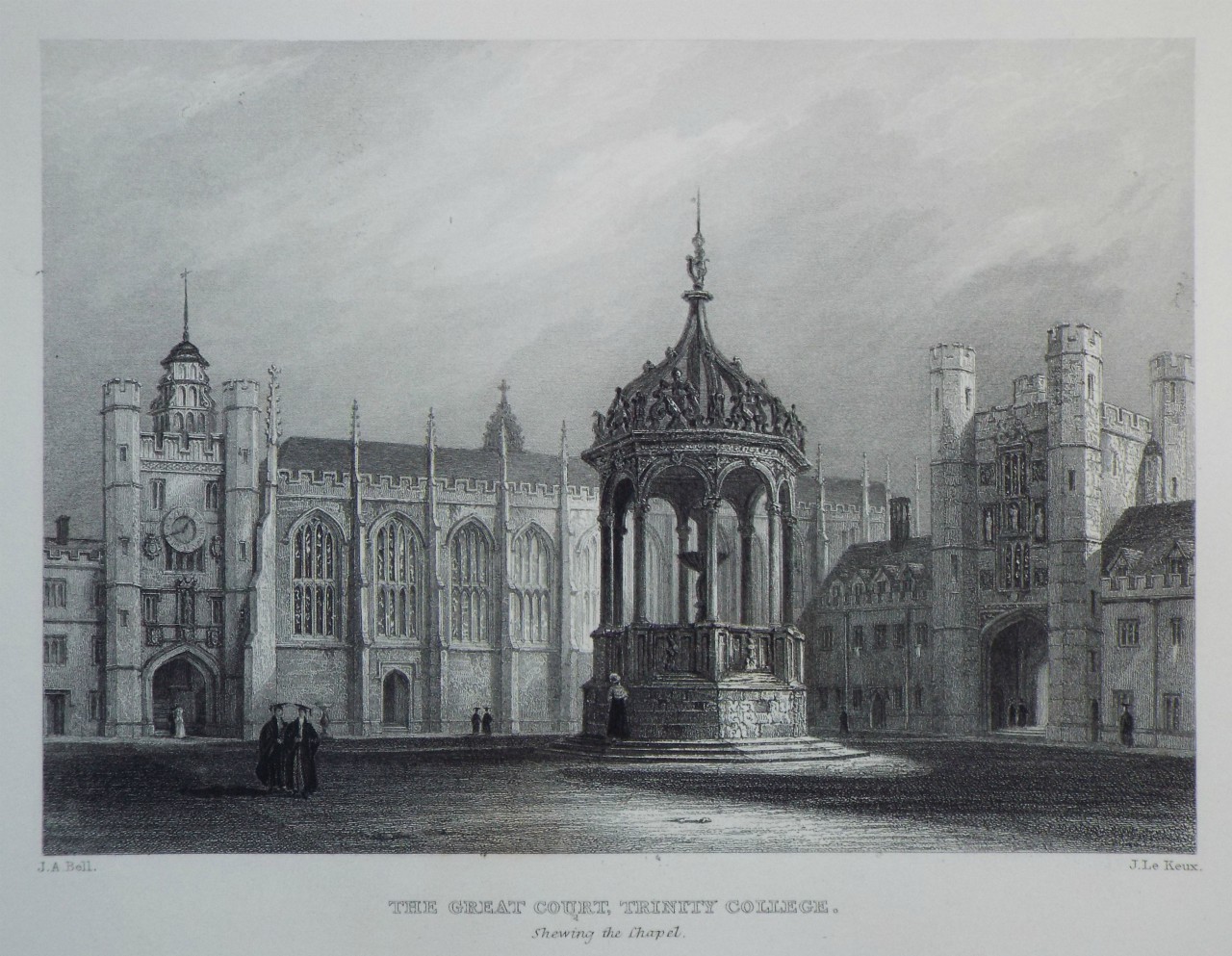 Print - The Great Court, Trinity College. Shewing the Chapel. - Le