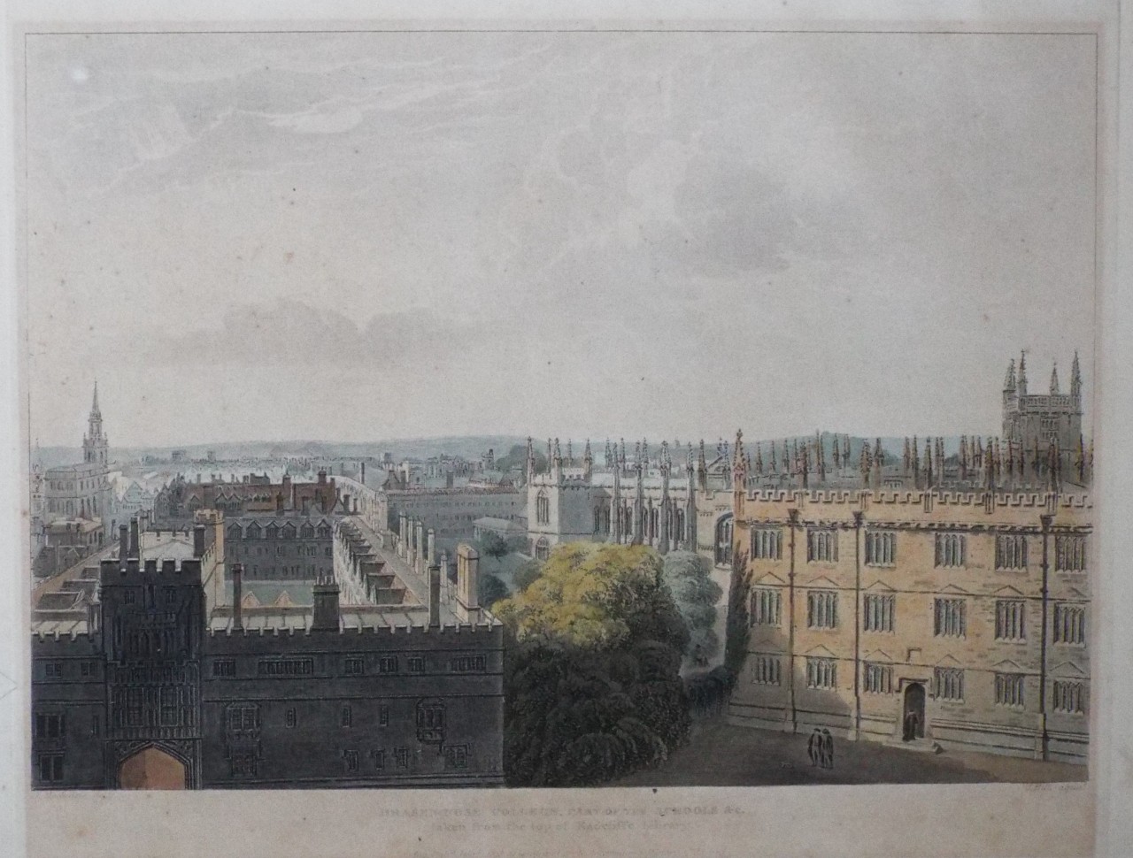 Aquatint - Brasen-nose College, part of Schools &c, taken from top of Radcliffe Llibrary. - Hill