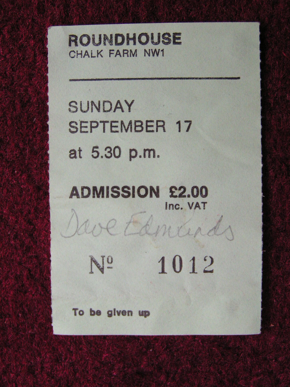 Ticket Stub - Dave Edmunds Roundhouse Sun 17 Sep 78