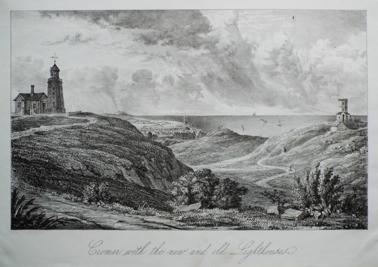 Lithograph - Cromer with the new and old Lighthouses