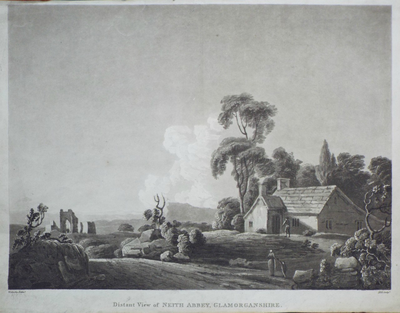 Aquatint - Distant View of Neith Abbey, Glamorganshire. - 