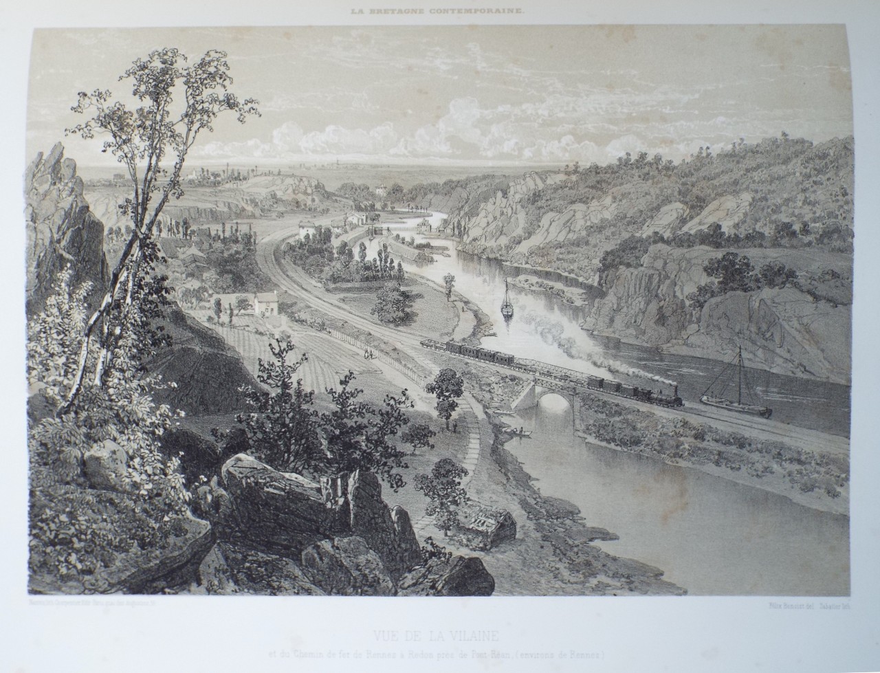 Lithograph - Vue de la Vilaine et du Chemin de fer de Rennes a Redon pres de Pont-Rean, (environs de Rennes) - 