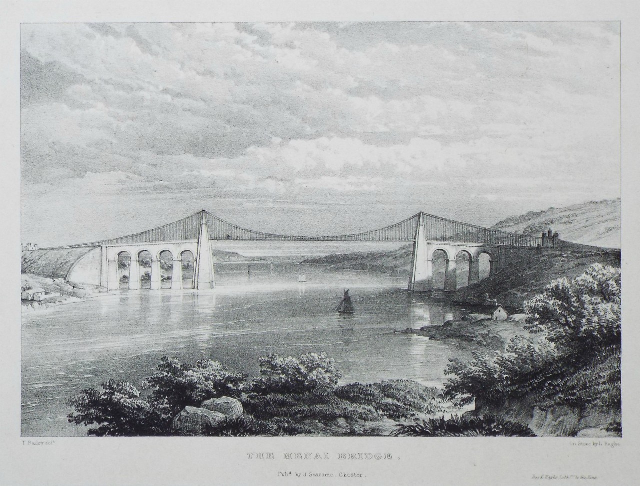 Lithograph - The Menai Bridge. - Haghe