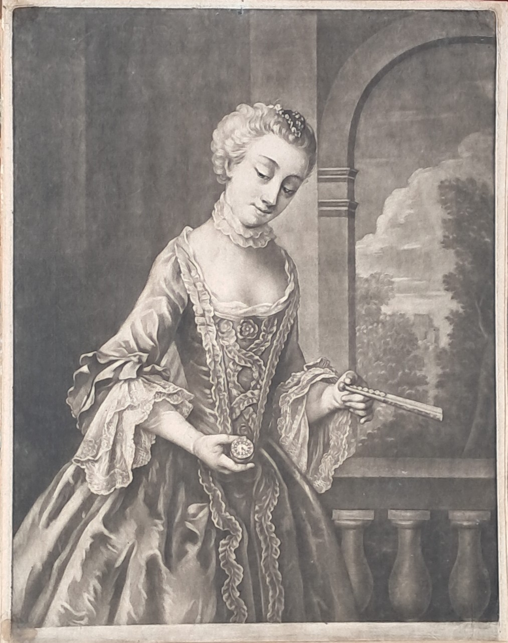 Mezzotint - Young woman with watch and fan