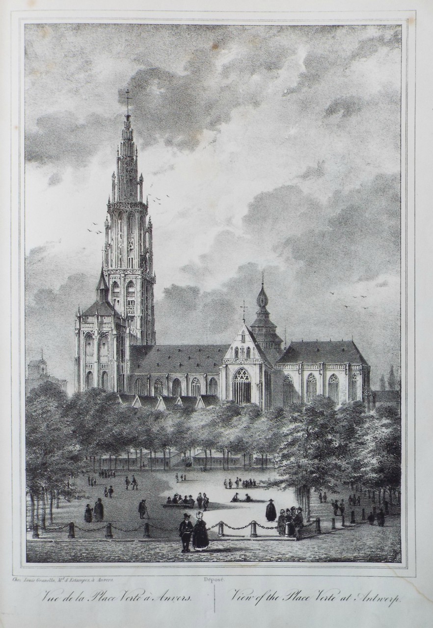 Lithograph - Vue de la Place Vert a Anvers. View of the Place Verte at Antwerp.