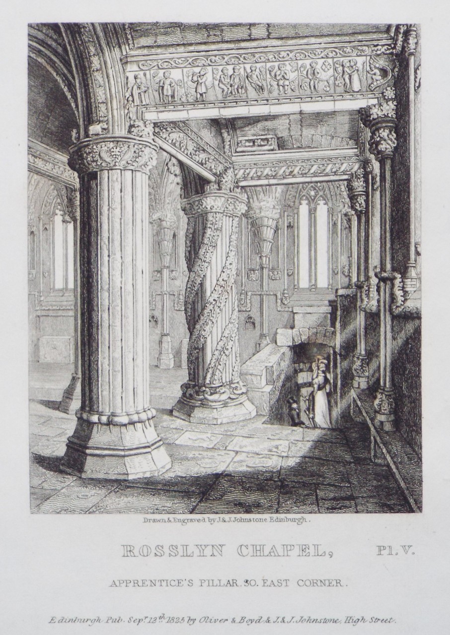 Lithograph - Rosslyn Chapel, Apprentice's Pillar, SO. East Corner. - Johnstone