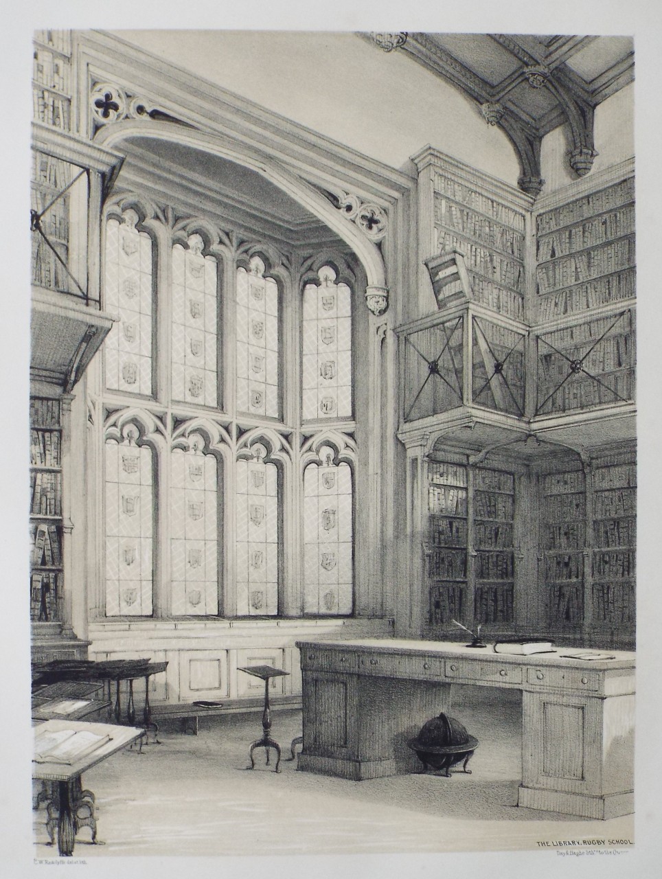 Lithograph - The Library, Rugby School. - Radclyffe