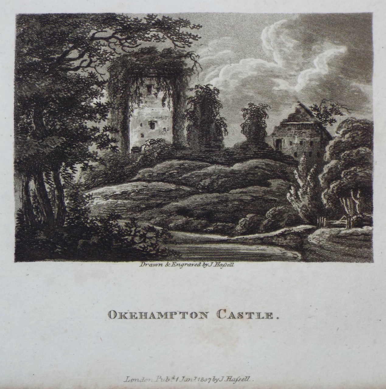 Aquatint - Okehampton Castle. - Hassell
