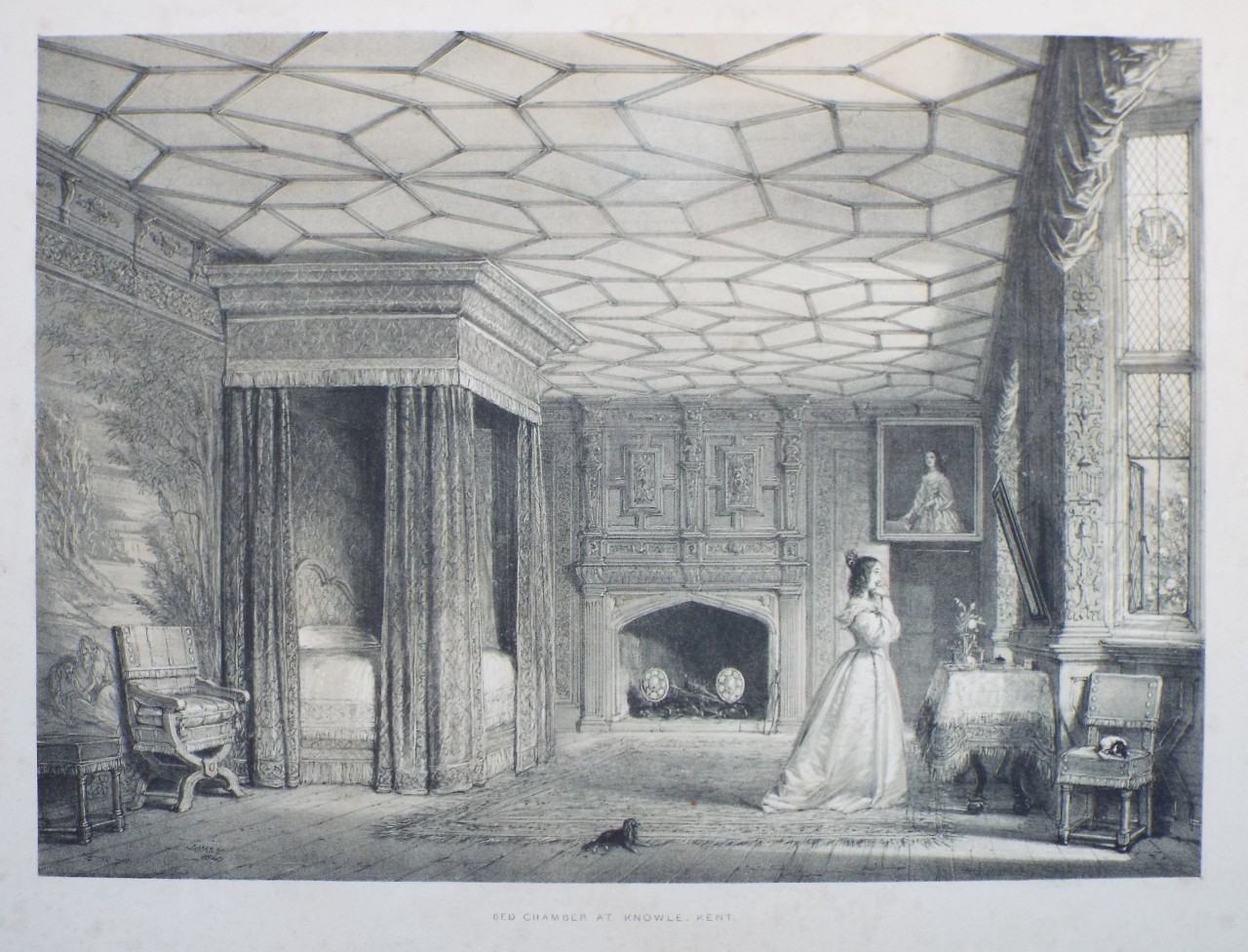 Lithograph - Bed Chamber, Knowle, Kent - Nash