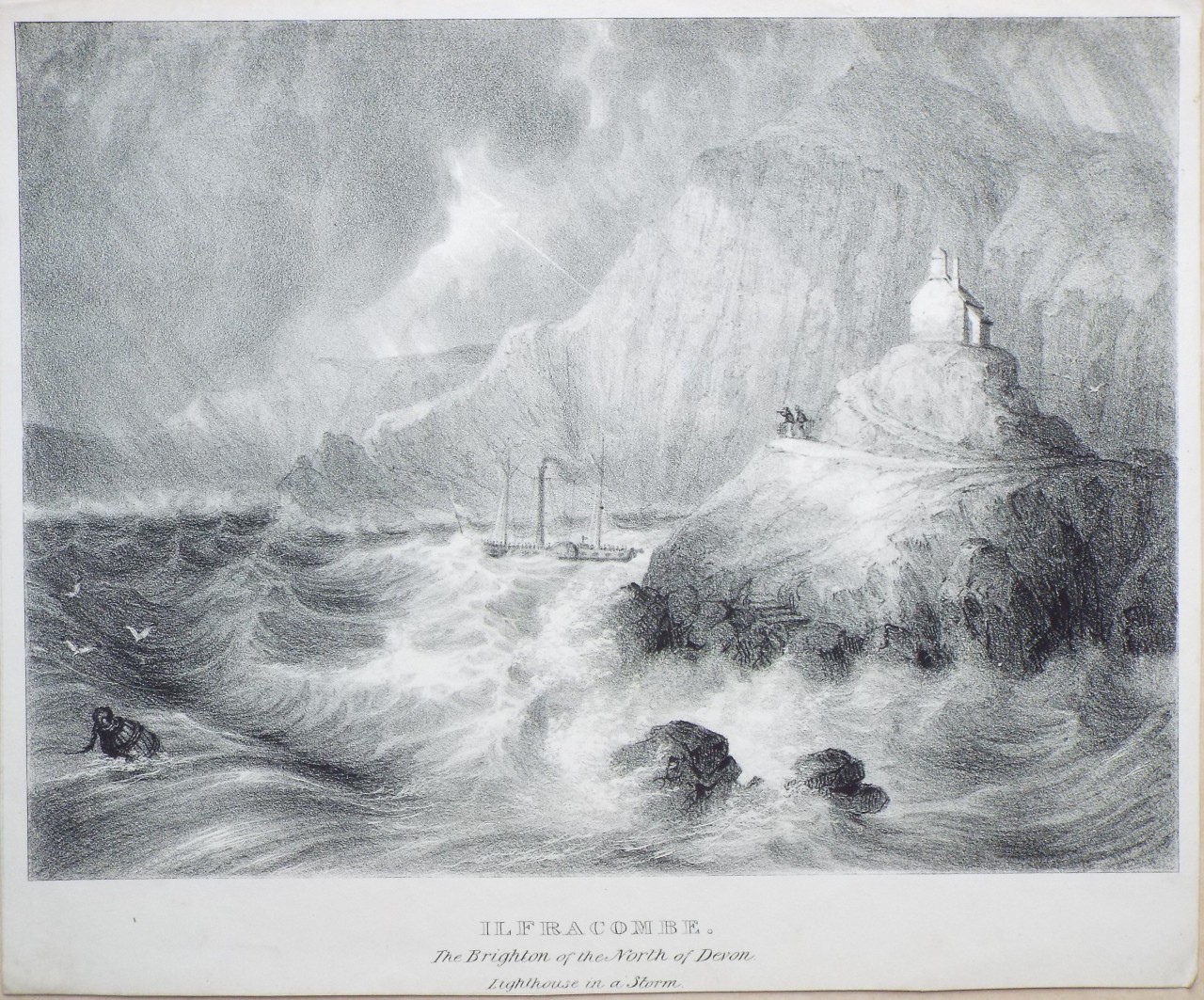 Lithograph - Ilfracombe. The Brighton of the North of Devon. Lighthouse in a Storm.