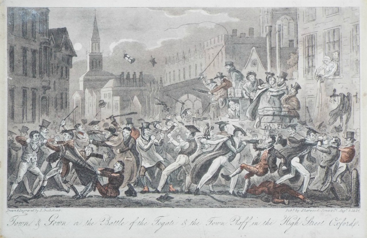Aquatint - Town & Gown or the Battle of the Togate & the Town Raff in the High Street Oxford. - Cruikshank