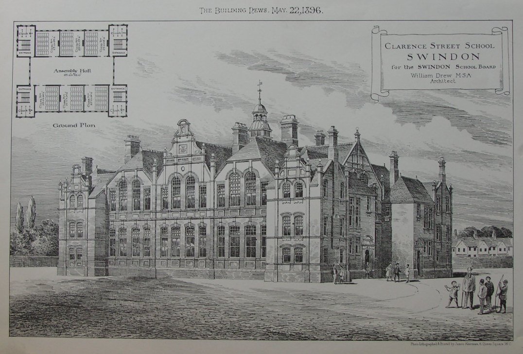 Photo-lithograph - Clarence Street School, Swindon for the Swindon School Board William Drew MSA Architect - Akerman