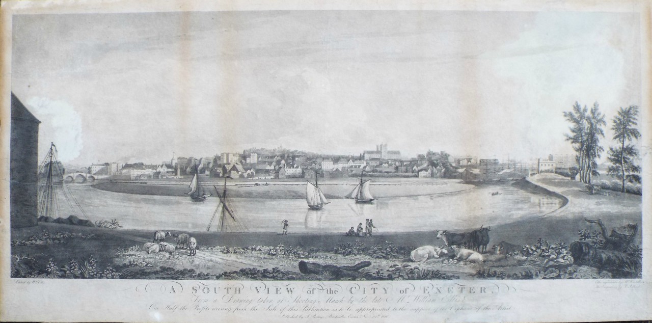 Aquatint - A South View of the City of Exeter. - Pollard