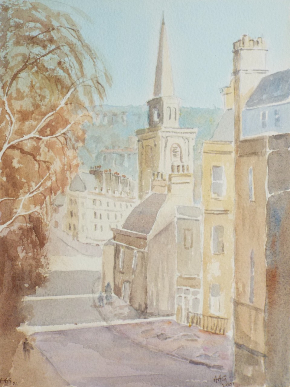 Watercolour - Corner of Guinea Lane and The Paragon, with the spire of St. Swithin's Church