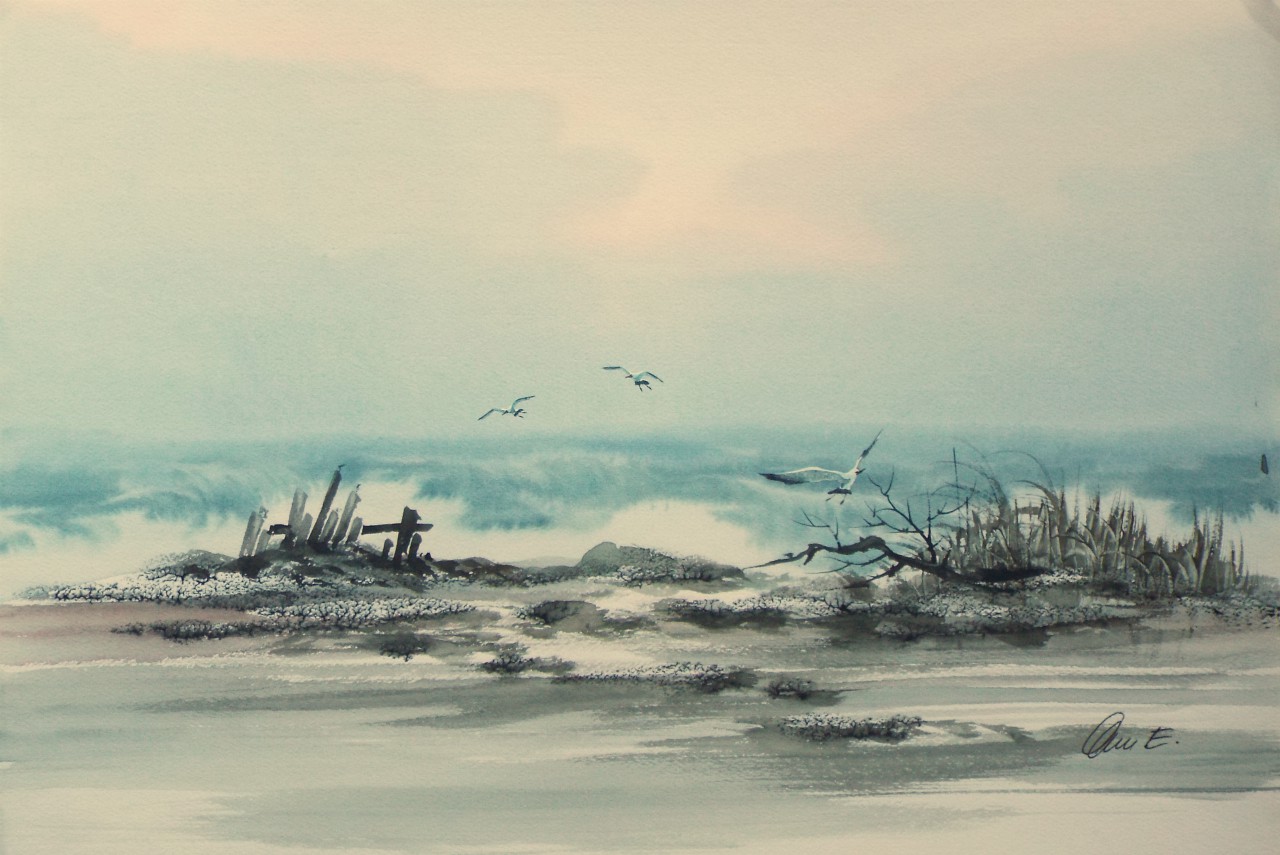 Watercolour - Oriental coastal landscape