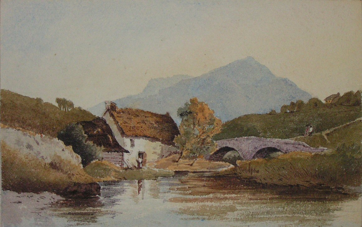Watercolour - Thatched cottage and stone bridge with mountain in background