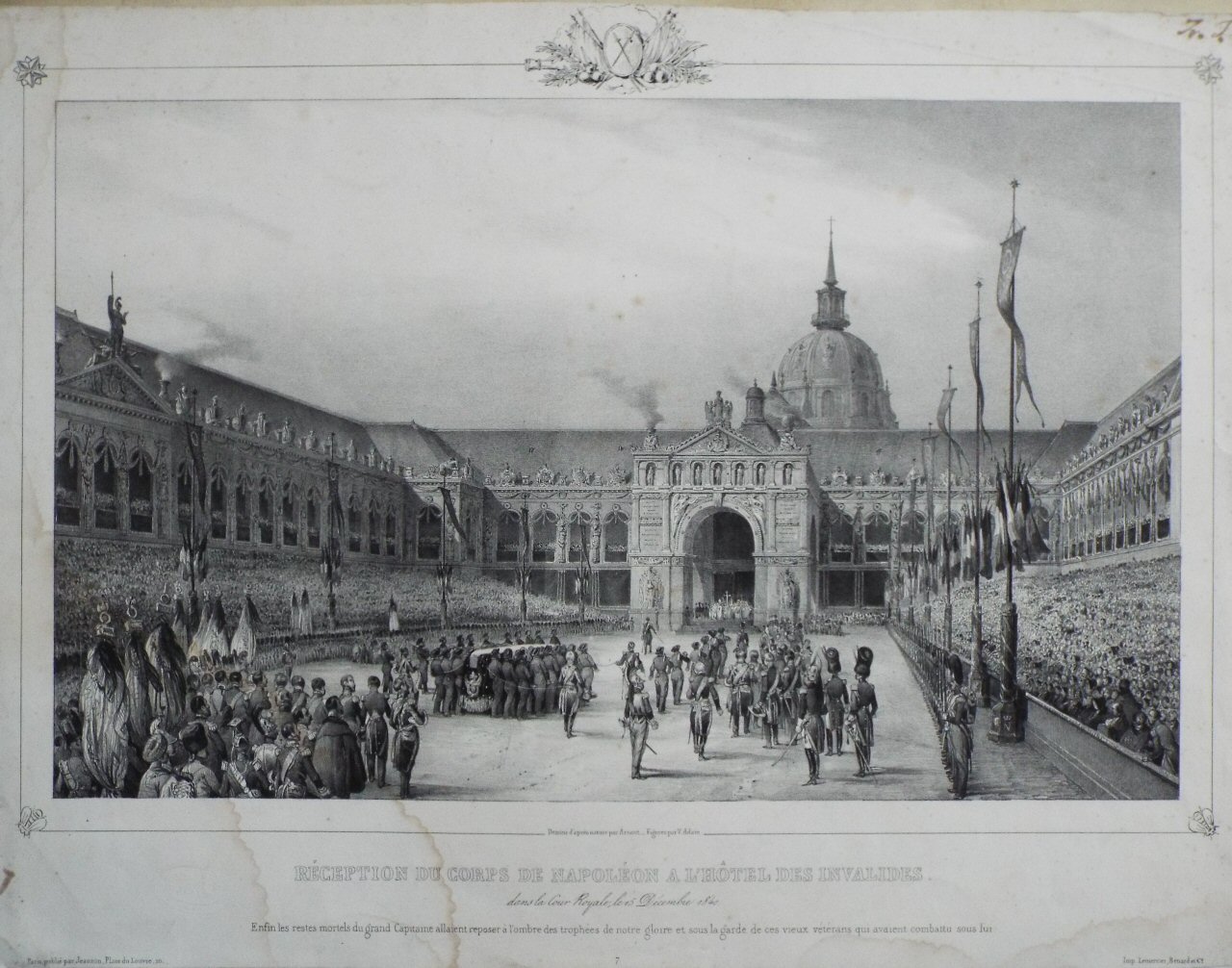 Lithograph - Reception du Corps de Napoleon a l'Hotel des Invalides dans la Cour Royale, le 15 Decembre 1840 - Adam