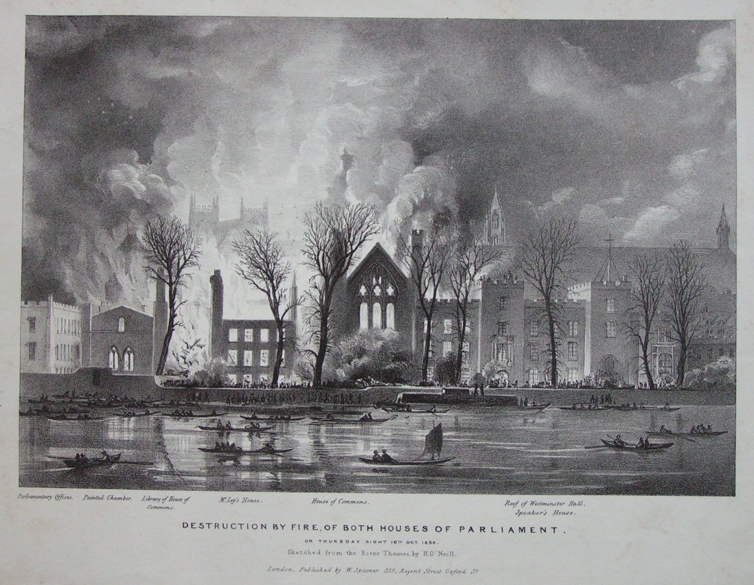 Lithograph - Destruction by Fire of Both Houses of Parliament on Thursday Night 16th Oct. 1834