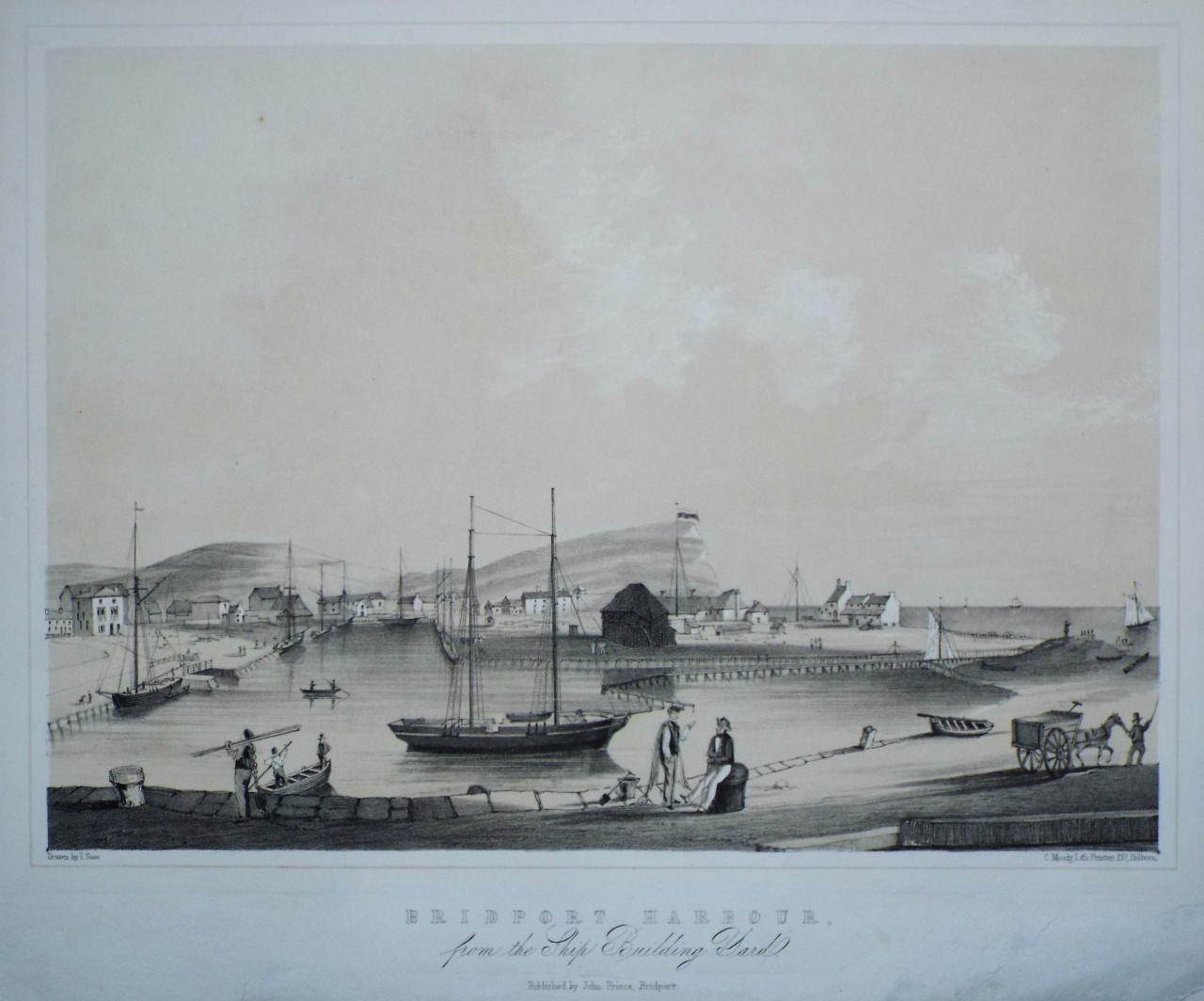 Lithograph - Bridport Harbour from the Ship Building Yard. - Moody