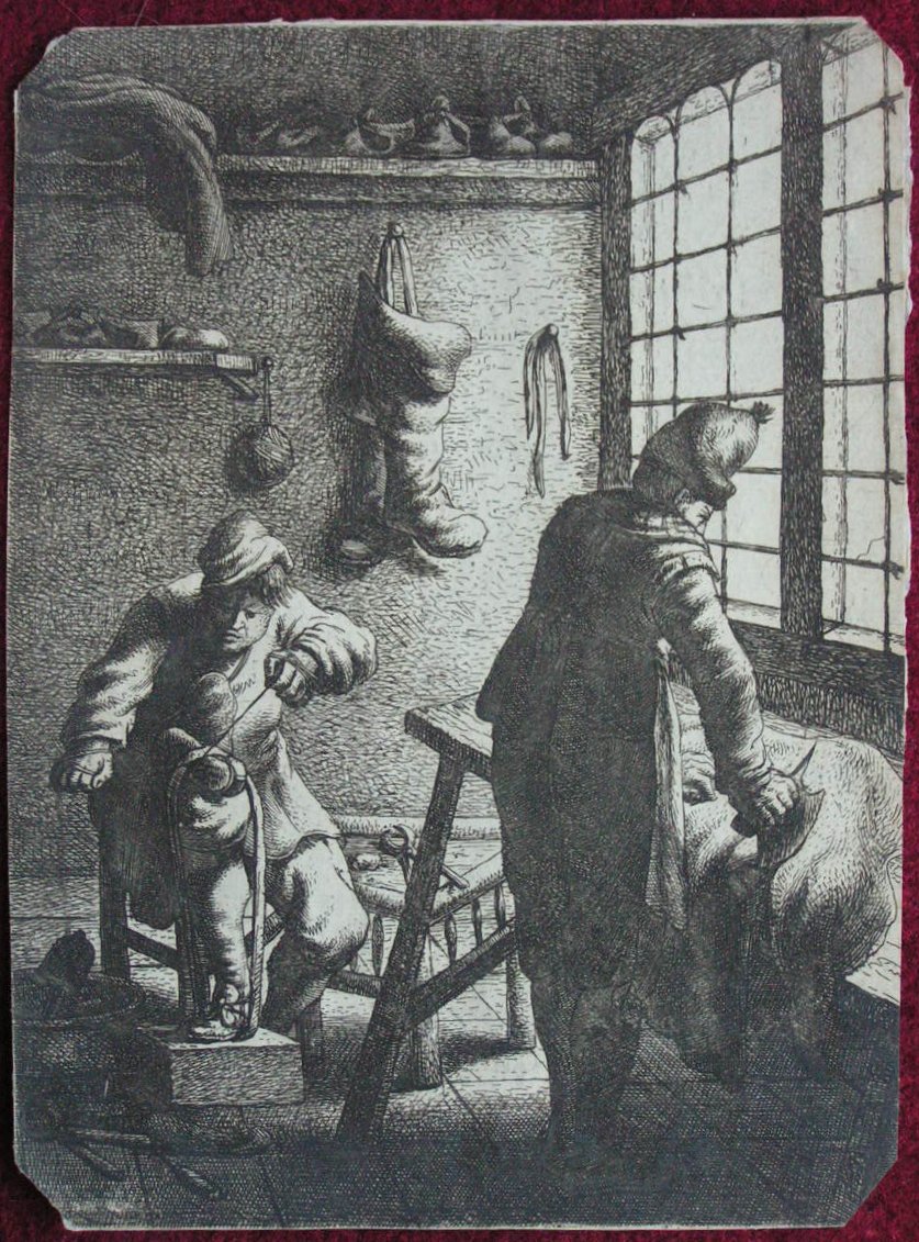 Etching - (Scene in leather maker's workshop - sewing & cutting)