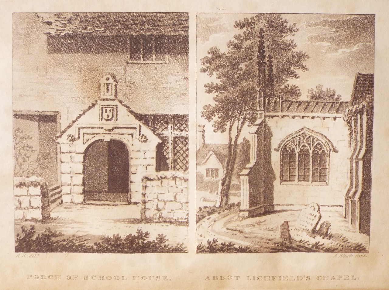 Aquatint - Porch of School House. Abbot Lichfield's Chapel. - Bluck
