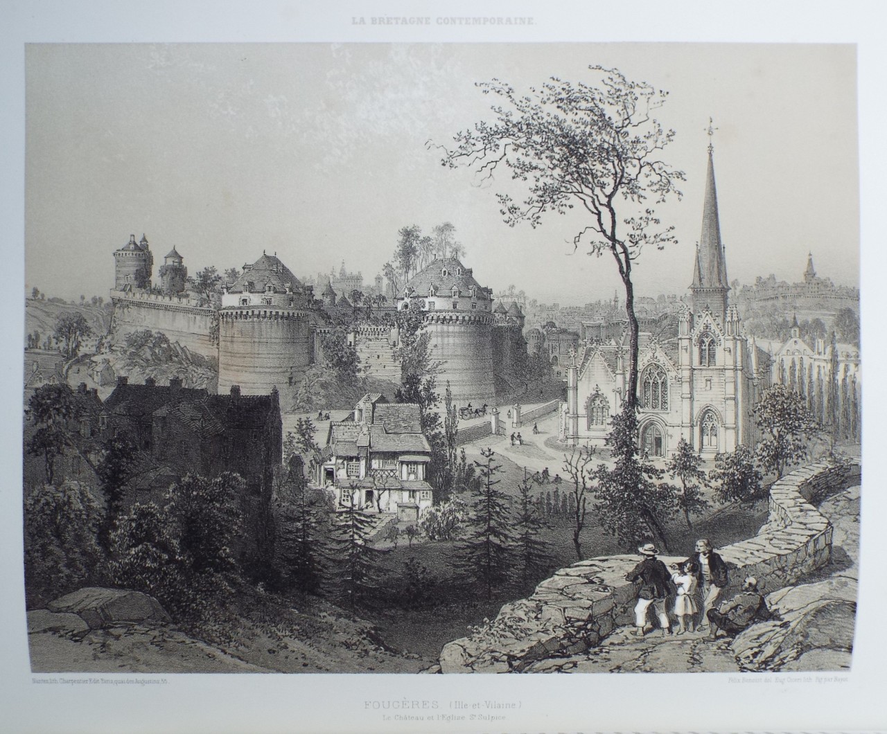 Lithograph - Fougeres. (Ille-et-Vilaine) Le Chateau et l'Eglise St. Sulpice. - Ciceri