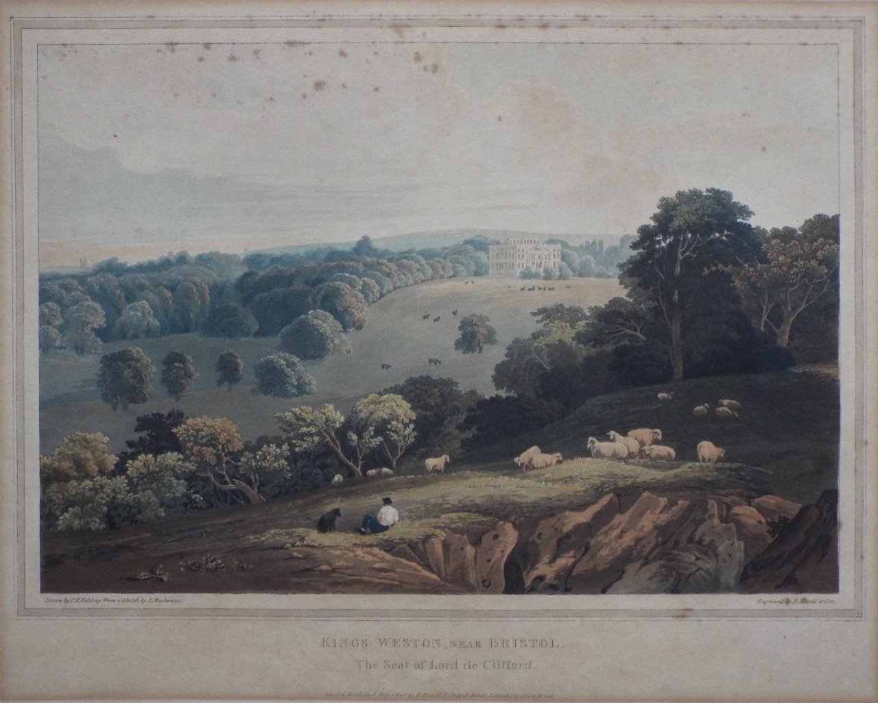Aquatint - Kings Weston, near Bristol. The Seat of Lord Clifford. - Havell