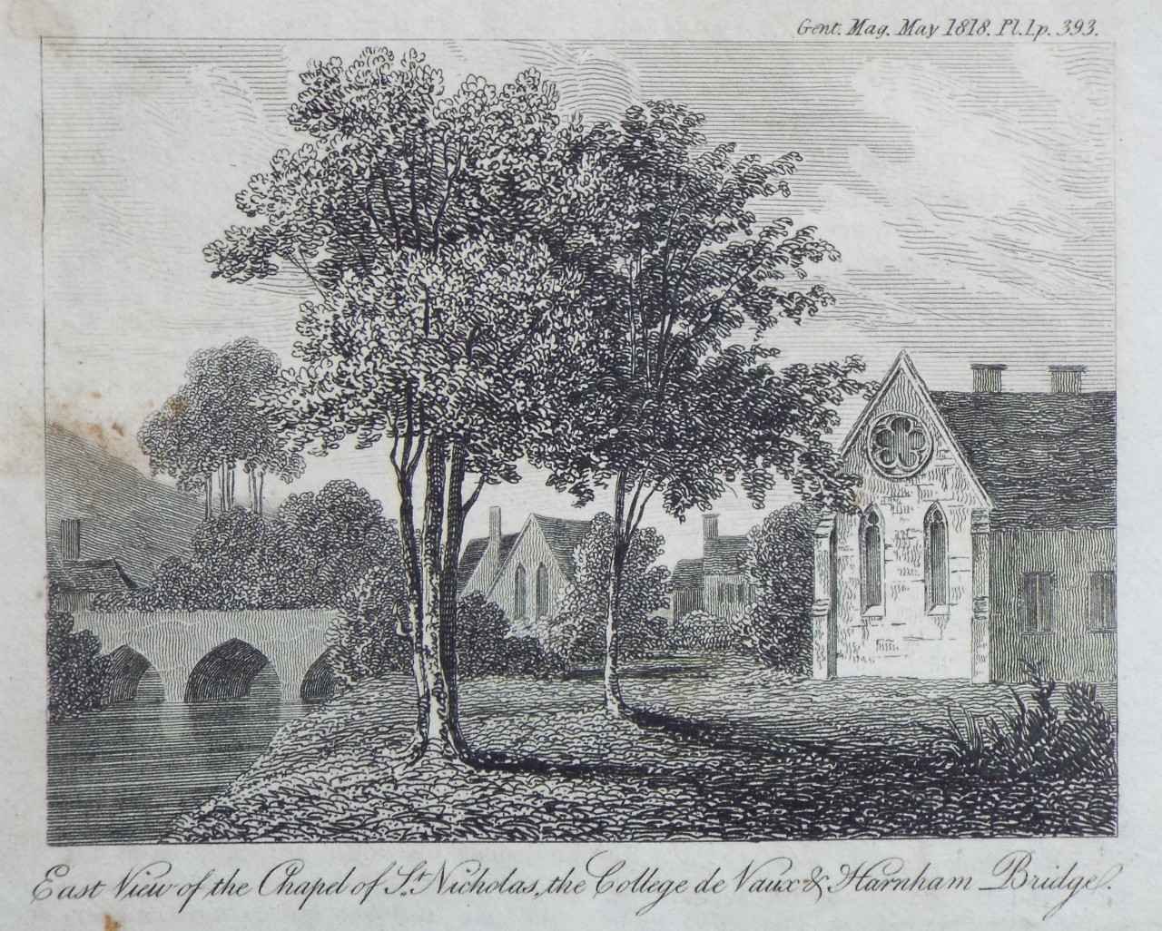 Print - East View of the Chapel of St. Nicholas, the College de Vaux & Harnham Bridge.