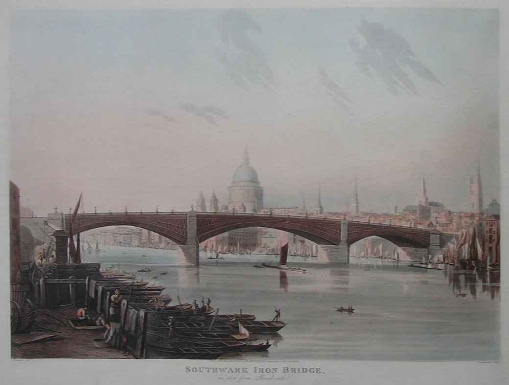 Aquatint - Southwark Iron Bridge as seen from Bank side - Sutherland