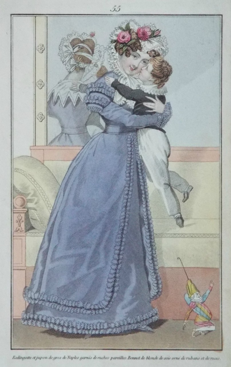 Print - 55. Redingotte et jupon de gros de Naples garnis de ruches pareilles. Nonnet de blonde de soie orne de rubans et de roses.