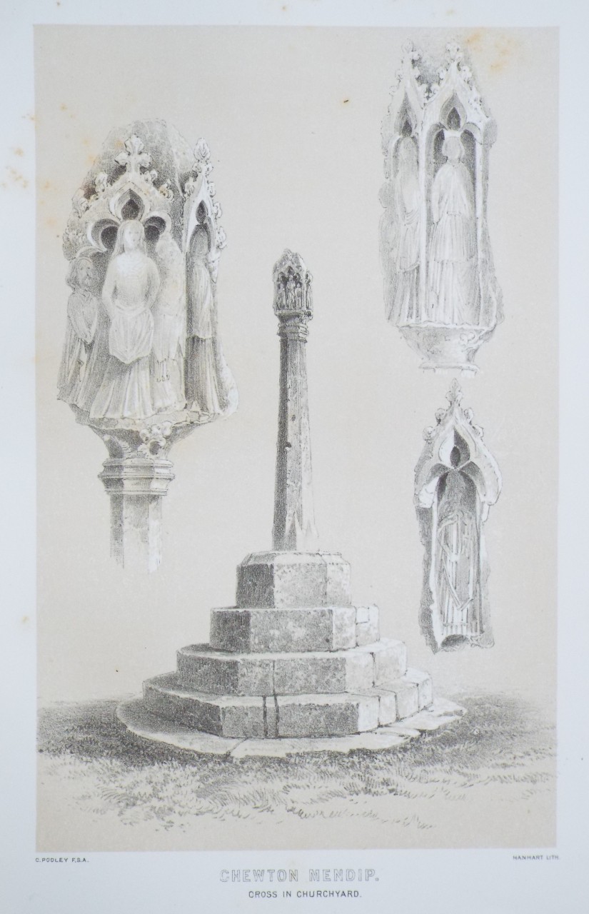 Lithograph - Chewton Mendip. Cross in Churchyard. - 