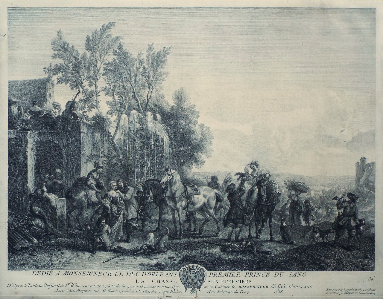 Print - La Chasse aux Eperviers. Dédiée à Monseigneur le Duc d Orléans, Premier Prince de sang  - Moyreau