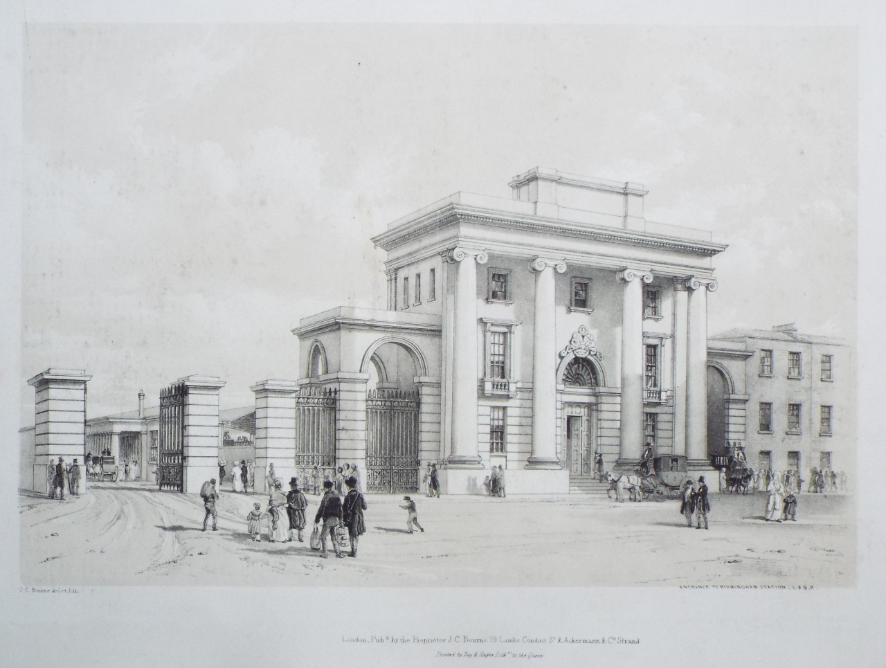 Lithograph - Entrance to Birmingham Station, L. & B. R. - Bourne